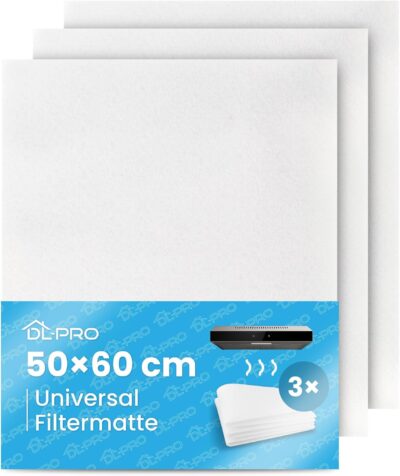 DL-pro Filtermatte Vlies 3er-Pack 50x60cm zuschneidbar Fettfilter Filter für Dunstabzugshaube Abzugshaube Dunstabzug universell einsetzbar fusselfrei Vliesfilter Luftfiltermatte