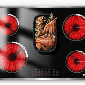 Cooksir Glaskeramikkochfeld 5 Platten, 77cm Einbau Kochfeld mit Rahmen, 8400Watt, Ovale Zone für Grill, Glaskeramik Kochplatte, Zeitschaltuhr, Eingebaut, 240V, Kein Stecker